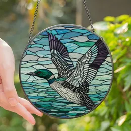 Nature Lovers' Vibrant Tiffany Stained Glass Flying Loon Teal Aqua Purple Emerald Mosaic Stained Glass Suncatcher