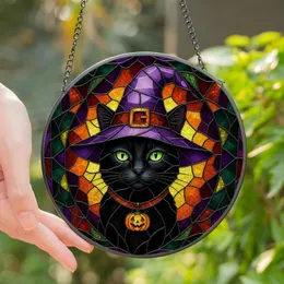 Witchy Cat Lovers' Tiffany Stained Glass Black Cat Witch Hat Jewel Tone Mosaic Stained Glass Suncatcher