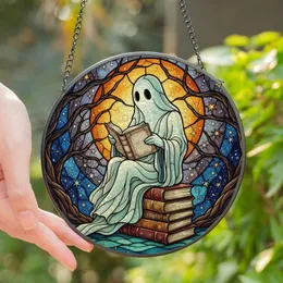 Book Lovers' Ethereal Ghost Reading Stained Glass Amber Moon Deep Blue Forest Mosaic Stained Glass Suncatcher