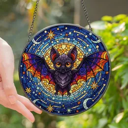 Gothic Whimsy Enthusiasts Tiffany Stained Glass Bat Mosaic Glowing Purple Orange Night Sky Stained Glass Suncatcher