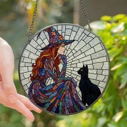 Fantasy Art Fans' Tiffany Stained Glass Pensive Witch & Black Cat Jewel Tone Mosaic Stained Glass Suncatcher