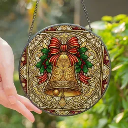 Holiday Enthusiasts' Tiffany Stained Glass Golden Bell Mosaic, Holly & Ribbon Bow, Crimson Emerald Amber Jewel Tones Stained Glass Suncatcher