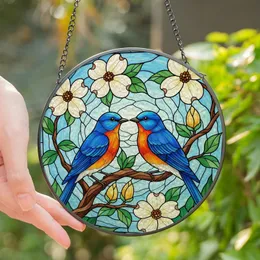 Nature Lovers' Vibrant Tiffany Stained Glass Eastern Bluebirds Dogwood Bloom Mosaic with Royal Blue & Orange Jewel Tones Stained Glass Suncatcher