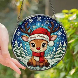 Holiday Enthusiasts' Whimsical Chibi Reindeer Stained Glass Mosaic Festive Red & Brown Jewel Tones Stained Glass Suncatcher