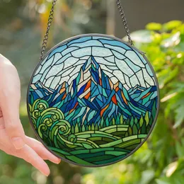 Nature Lovers' Vibrant Tiffany Stained Glass Mountain Landscape Mosaic, Deep Blue, Orange & Green Jewel Tones Stained Glass Suncatcher