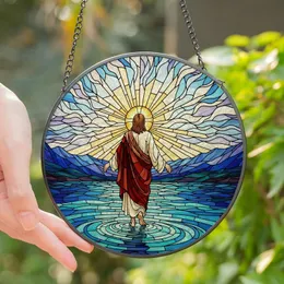 Serene Art Admirers Tiffany Stained Glass Jesus Walking Water, Golden Halo, Jewel Tone Ethereal Landscape Stained Glass Suncatcher