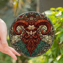 Fantasy Art Lovers' Tiffany Stained Glass Fierce Horned Mystic, Red Eyes, Auburn Beard, Teal-Green Garment, Intricate Mosaic Stained Glass Suncatcher