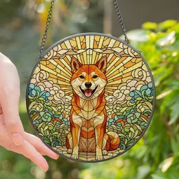 Shiba Inu Lovers' Joyful Stained Glass Shiba Dog Smiling Mosaic with Orange Amber Swirling Jewel Tones Stained Glass Suncatcher