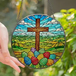 Devotional Art Admirers' Tiffany Stained Glass Cross, Jewel Tone Easter Egg Landscape Stained Glass Suncatcher