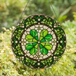 Nature & Art Lovers' Intricate Emerald Green Four-Leaf Clover Stained Glass Tiffany Bronze Cabochon Art Stained Glass Suncatcher