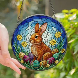 Nature & Art Lovers' Brown-Orange Bunny, Tiffany Stained Glass Easter Eggs, Daisies & Cloud Mosaic Stained Glass Suncatcher