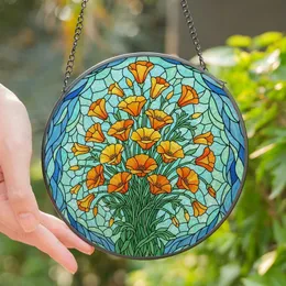 Art Lovers' Tiffany Stained Glass California Poppy Floral Bouquet Orange Yellow Green Blue Mosaic Stained Glass Suncatcher