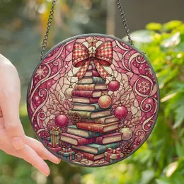 Holiday Book Lovers' Tiffany Style Stained Glass Book Tree Winter Patterns Rose Red Gold Stained Glass Suncatcher