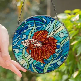 Aquatic Art Lovers' Intricate Tiffany Style Betta Fish Orange Red Fins Blue Green Aquatic Mosaic Stained Glass Suncatcher