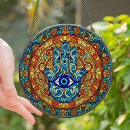 Bohemian Art Lovers' Tiffany Style Stained Glass Hamsa Hand Evil Eye Jewel Tone Organic Mosaic Circular Design Stained Glass Suncatcher