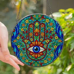 Boho Art Enthusiasts' Intricate Stained Glass Hamsa Hand Evil Eye Floral Mosaic, Jewel Tones Blue Orange Red Green Stained Glass Suncatcher