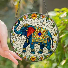 Art Collectors' Majestic Stained Glass Elephant & Vibrant Floral Garland in Teal, Gold, Red Stained Glass Suncatcher