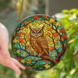 Nature Lovers' Tiffany Style Stained Glass Wise Owl Autumn Leaves Golden Amber Sky Blue Emerald Jewel Tones Stained Glass Suncatcher