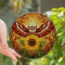 Nature Art Enthusiasts' Jewel-Toned Stained Glass Owl Sunflower Autumn Forest Mosaic Stained Glass Suncatcher
