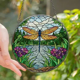 Nature Art Lovers' Iridescent Yellow Blue Pink Dragonfly Tiffany Stained Glass River Forest Mosaic Stained Glass Suncatcher