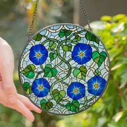 Nature Enthusiasts' Glowing Tiffany Stained Glass Cobalt Blue Morning Glory Emerald Green Leaves Intricate Mosaic Stained Glass Suncatcher