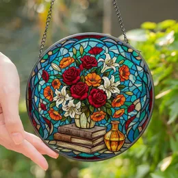 Art & Book Lovers' Vibrant Tiffany Stained Glass Floral Books Crimson Tangerine Mosaic Stained Glass Suncatcher