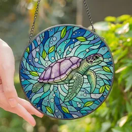 Art Lovers' Tiffany Style Stained Glass Sea Turtle Aquatic Mosaic Jewel Tone Lavender Purple Green Stained Glass Suncatcher