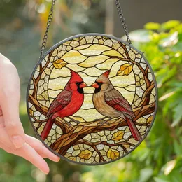 Nature Lovers' Tiffany Stained Glass Cardinal Pair Autumn Moon Mosaic Red Amber Hues Stained Glass Suncatcher