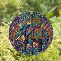 Art Lovers' Tiffany Stained Glass Elephant Palanquin Arabesque Mosaic in Blue Green Pink Gold Purple Stained Glass Suncatcher