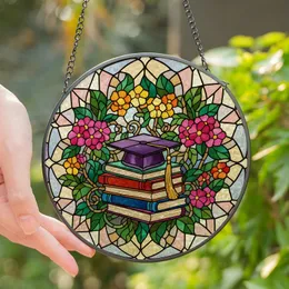 Academic Achievers Tiffany Style Stained Glass Books Graduation Cap Emerald Ruby Gold Floral Mosaic Stained Glass Suncatcher
