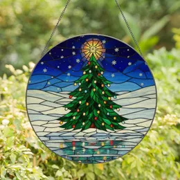 Holiday Lovers' Vibrant Tiffany Stained Glass Emerald Green Christmas Tree Multi-Color Lights Deep Blue Sky Stained Glass Suncatcher