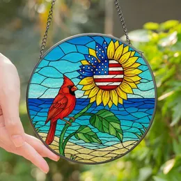 Patriotic Nature Lovers' Tiffany-Style Stained Glass Red Cardinal Patriotic Sunflower Coastal Mosaic Art Stained Glass Suncatcher
