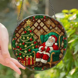 Christmas Decor Lovers Intricate Jewel-Toned Tiffany Stained Glass Sleeping Santa Emerald Armchair Christmas Tree Mosaic Pattern Stained Glass Suncatcher