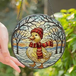 Nature Art Enthusiasts' Cheerful Golden Yellow Red Stained Glass Duckling Winter Wonderland Stained Glass Suncatcher