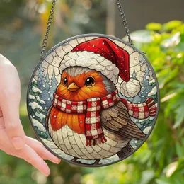 Holiday Enthusiasts' Cute Stained Glass Robin Red Amber Winter Evergreen Mosaic Stained Glass Suncatcher