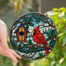 Nature Lovers' Vibrant Tiffany Stained Glass Red Cardinal Birdhouse Holly Berries Winter Mosaic Stained Glass Suncatcher