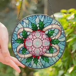Holiday Enthusiasts' Jewel-Toned Stained Glass Christmas Ornament Design with Pink Starburst, Holly, Berries, Swirling Ice Mosaic Stained Glass Suncatcher