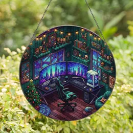 Gaming Enthusiasts' Tiffany Stained Glass Isometric Gaming Setup Vibrant Purple Blue Teal Christmas Scene Stained Glass Suncatcher