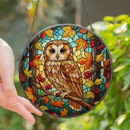 Nature Lovers' Intricate Stained Glass Tawny Owl Autumn Foliage Mosaic Jewel Tones Golden Emerald Burgundy Stained Glass Suncatcher
