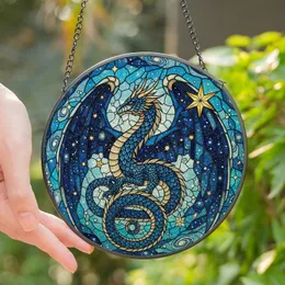 Dragon Lovers' Majestic Celestial Dragon Glowing Nebula Stained Glass Art in Navy, Gold, Teal Stained Glass Suncatcher