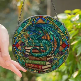 Dragon Book Lovers' Tiffany Stained Glass Sleeping Dragon Blue Green Scales Book Stack Jewel Tone Mosaic Stained Glass Suncatcher