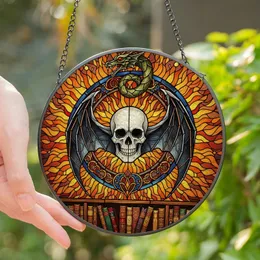 Gothic Art Lovers' Glowing Amber Blue Tiffany Stained Glass Skull Bat Dragon Bookshelf Mosaic Stained Glass Suncatcher