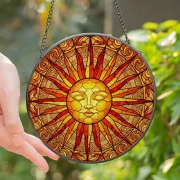 Art Lovers' Tiffany Stained Glass Serene Sun Face Radiant Golden Orange Celestial Mosaic Stained Glass Suncatcher