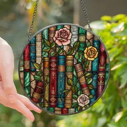 Book Lovers' Stained Glass Antique Books Botanical Rose Tiffany Style Mosaic Emerald Green Dusty Pink Amber Stained Glass Suncatcher