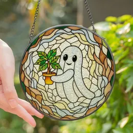 Whimsical Art Lovers' Tiffany Stained Glass Ghost Holding Plant Intricate Emerald Amber Jewel Tones Stained Glass Suncatcher
