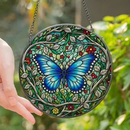 Nature Lovers' Vibrant Blue Butterfly Tiffany Stained Glass Jewel Tone Floral Mosaic Stained Glass Suncatcher