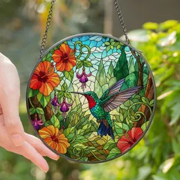 Nature Lovers' Edge-to-Edge Stained Glass Ruby Hummingbird Tropical Hibiscus Jungle Floral Mosaic Art Stained Glass Suncatcher