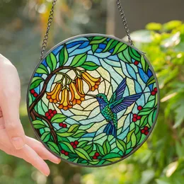 Stained Glass Art Fans' Iridescent Blue Green Hummingbird Artwork, Tiffany Style Orange Flowers, Vibrant Edge-to-Edge Stained Glass Suncatcher