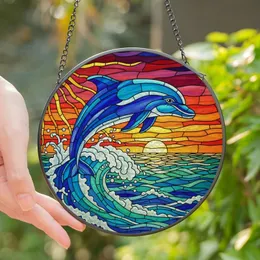 Ocean Lovers' Majestic Dolphin Stained Glass Tiffany Jewel Tone Sunset Mosaic Stained Glass Suncatcher