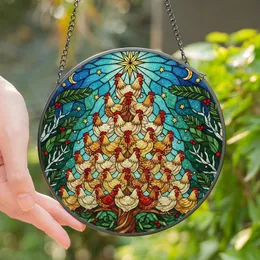 Christmas Lovers' Whimsical Stained Glass Chicken Christmas Tree Mosaic Art Jewel Tones Stained Glass Suncatcher